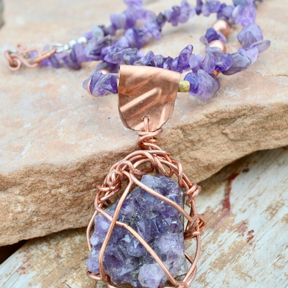 Conceptual Subculture Jewelry - Copper Amethyst Druzy Pendant Wire Wrap Necklace